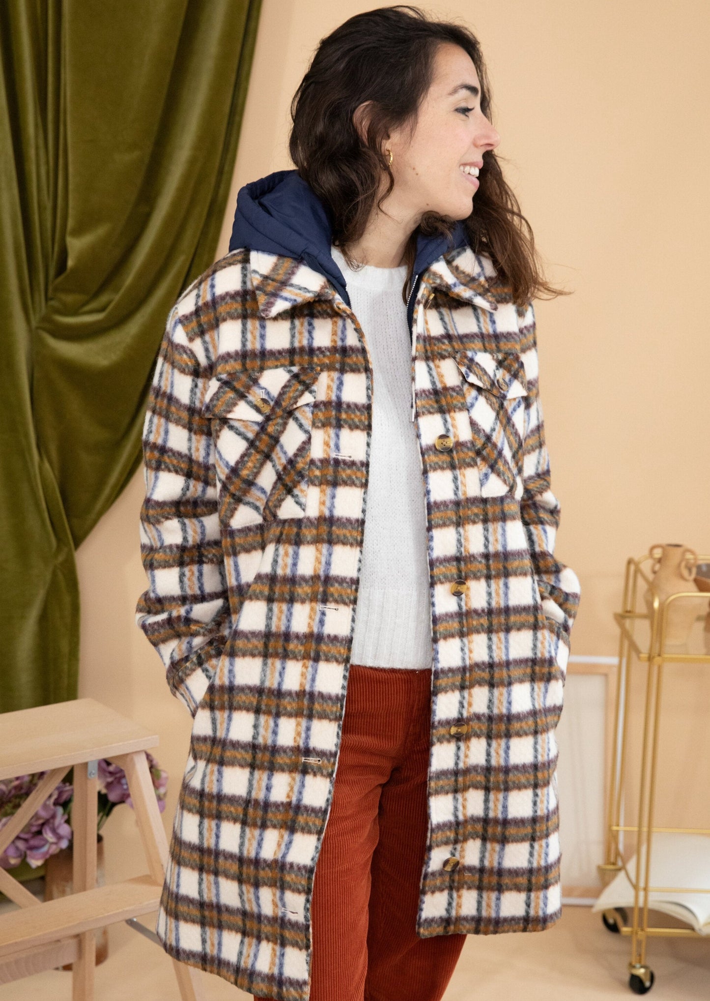 Manteau long GALAK carreaux taupe