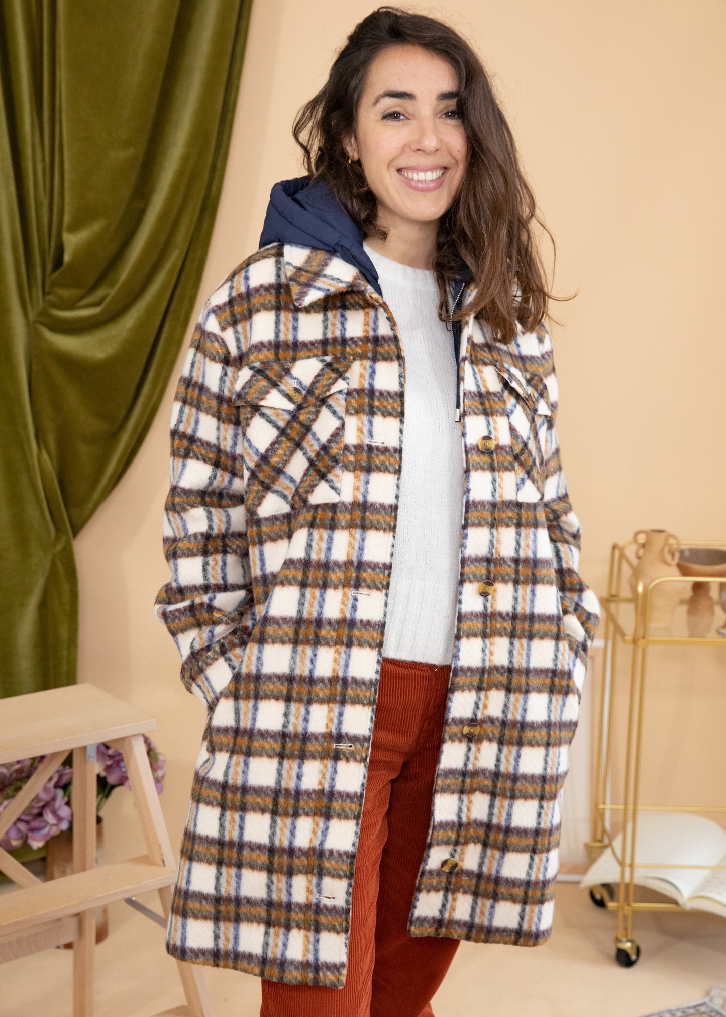 Manteau long GALAK carreaux taupe