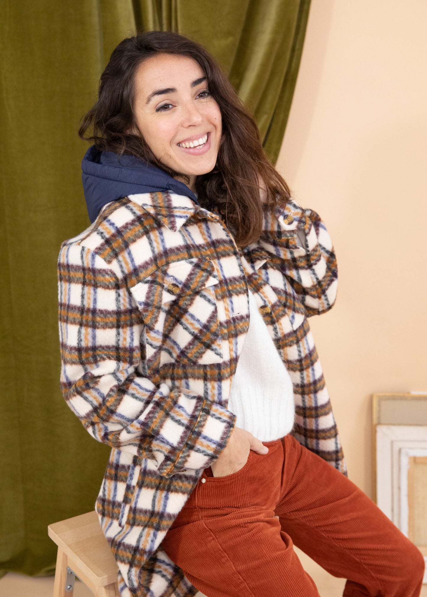 Manteau long GALAK carreaux taupe
