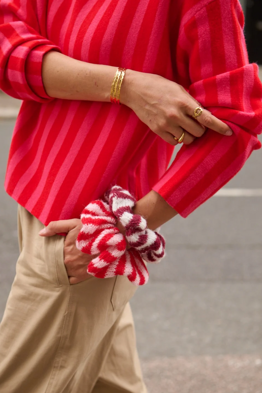 Chouchou tricot rayé rose/rouge