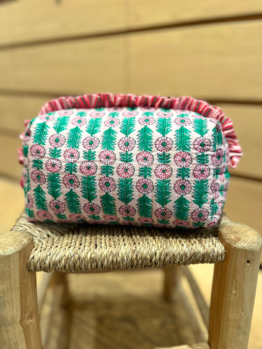Grande trousse FLEURS rose/verte