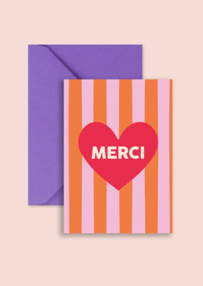 Carte postale MERCI coeurs rayures