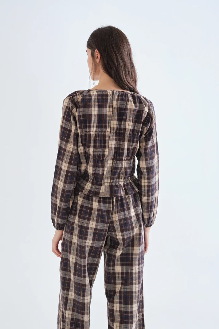 Blouse FANTINE smockée carreaux marron