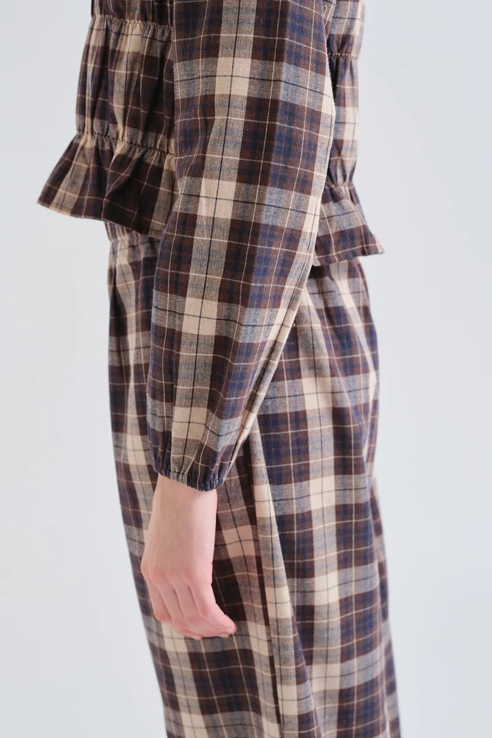 Blouse FANTINE smockée carreaux marron