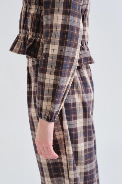 Blouse FANTINE smockée carreaux marron