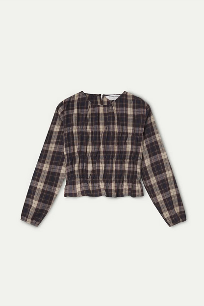 Blouse FANTINE smockée carreaux marron