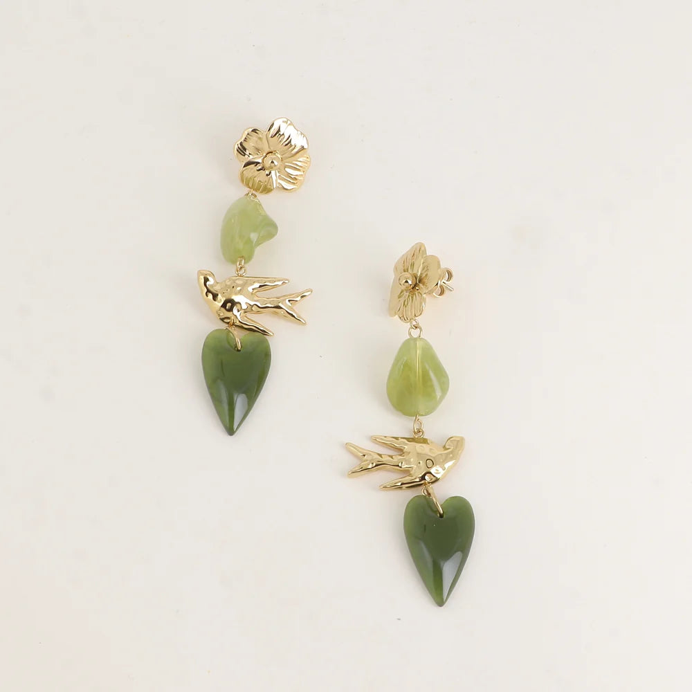 Boucles d'oreilles OCEYA oiseaux/coeur kaki