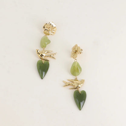 Boucles d'oreilles OCEYA oiseaux/coeur kaki