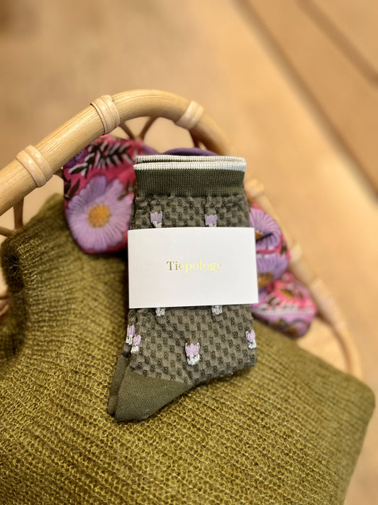 Chaussettes FLOWER gauffrées kaki