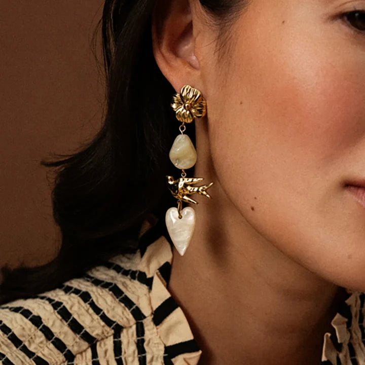 Boucles d'oreilles OCEYA oiseaux/coeur kaki