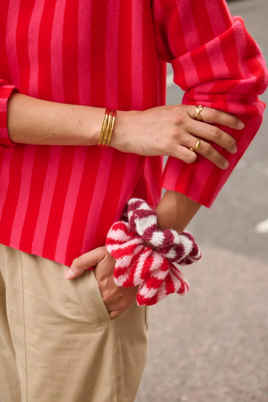 Chouchou tricot rayé rose/rouge