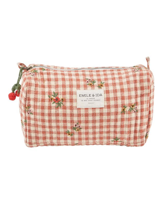 Trousse de toilette vichy brodé acajou