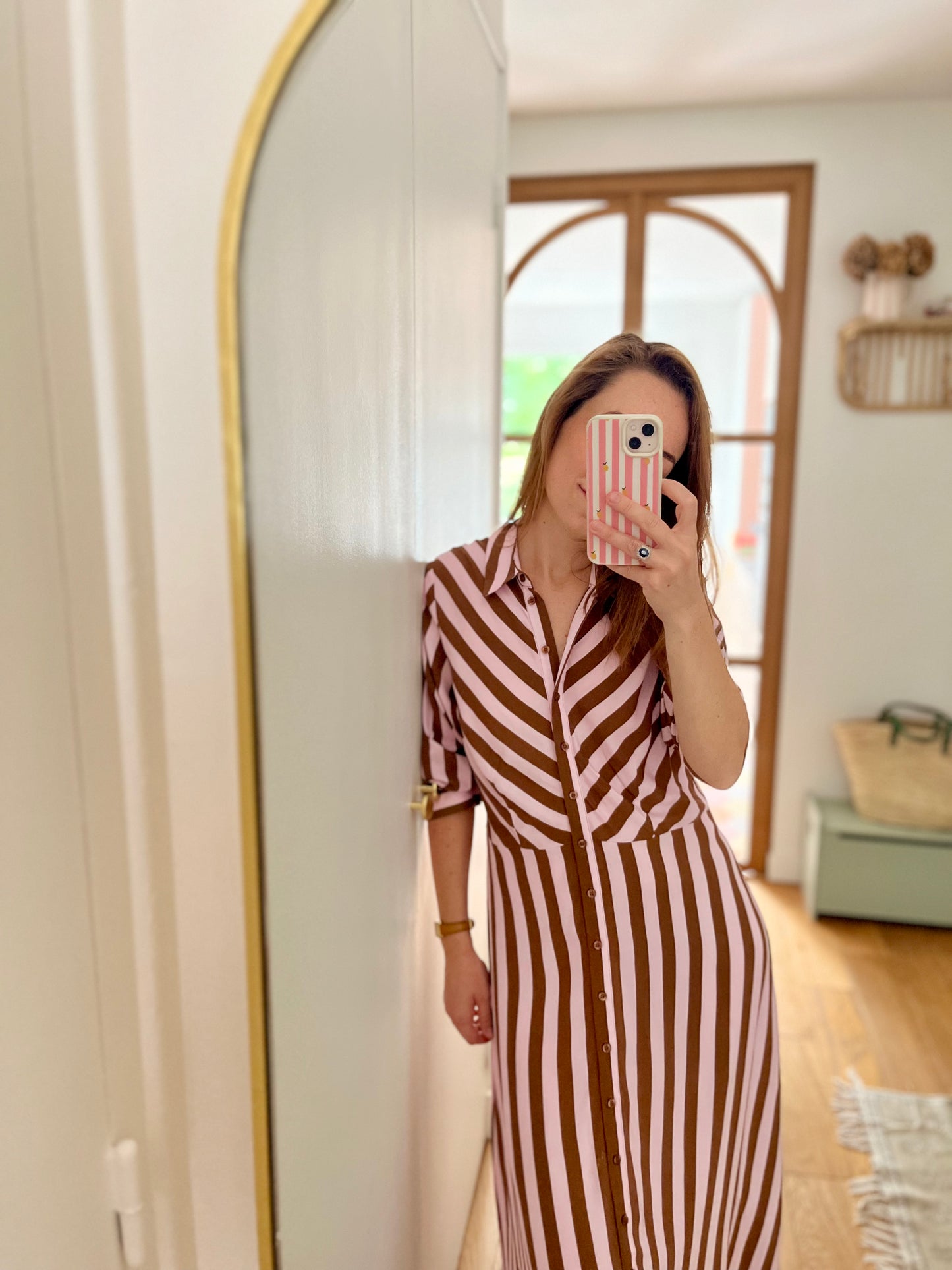 Robe longue rayée SAVANNA rose/café