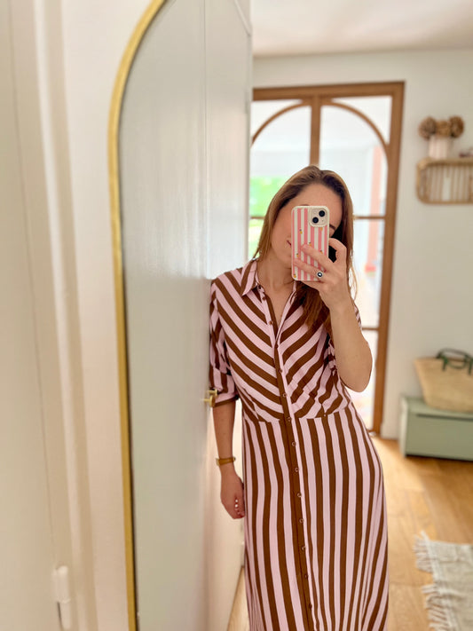 Robe longue rayée SAVANNA rose/café