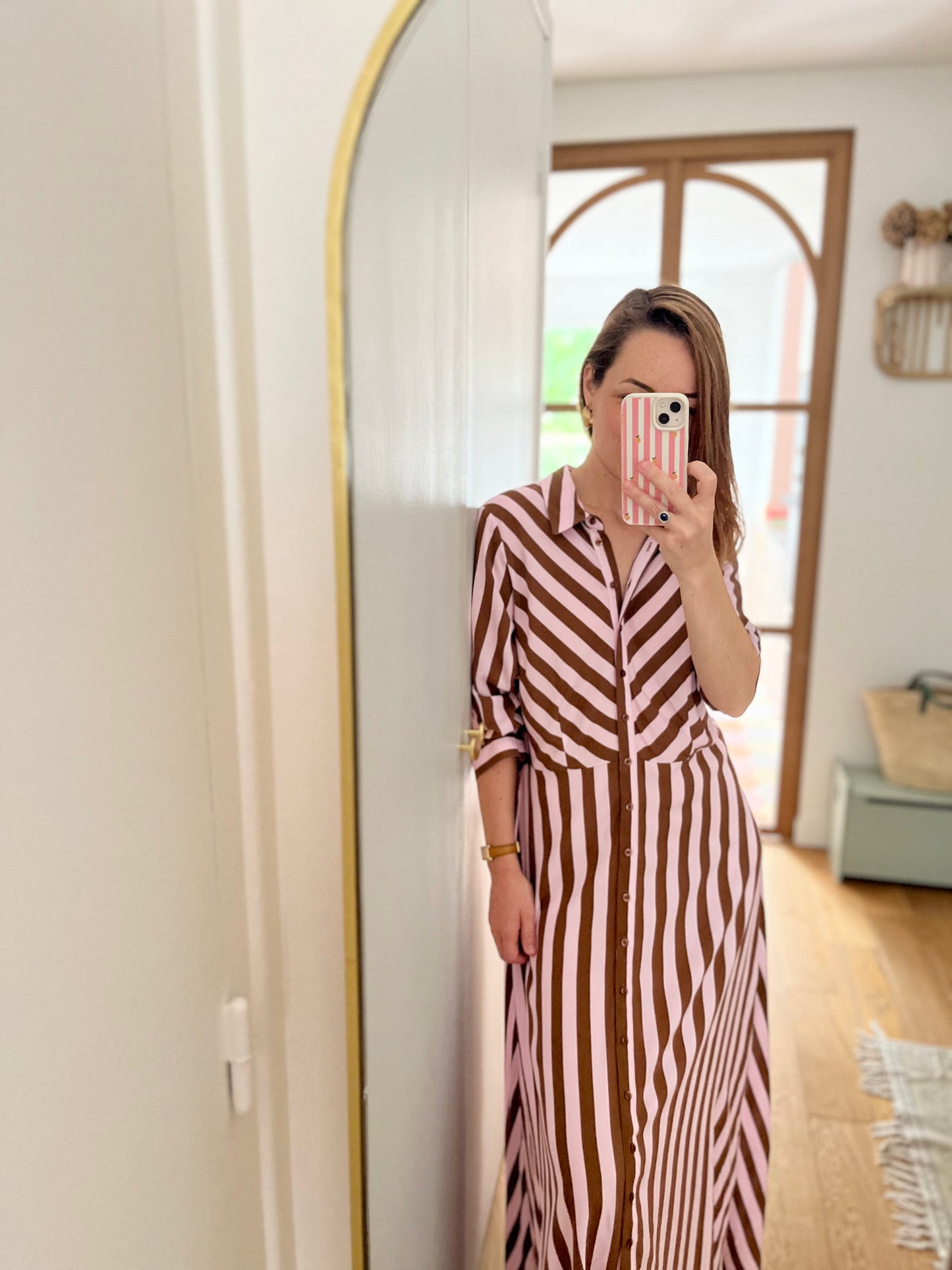 Robe longue rayée SAVANNA rose/café