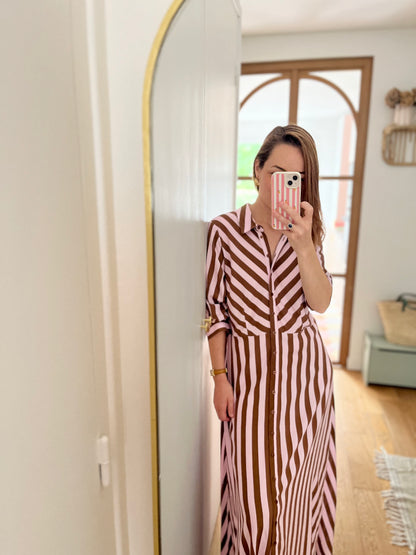 Robe longue rayée SAVANNA rose/café