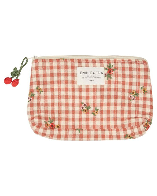 Trousse vichy brodée acajou